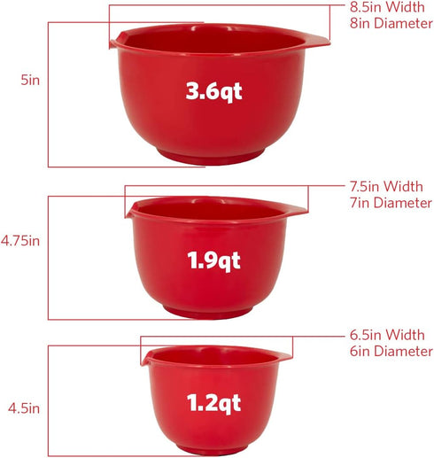 GLAD Mixing Bowls with Pour Spout, Set of 3 Non-Slip BPA Free Plastic, Dishwasher Safe Kitchen Cooking Supplies (Red)