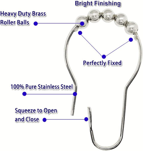 Shower Curtain Hooks Rings, 12PCS Chrome Stainless Steel Rust Resistant for Bathroom Decorations