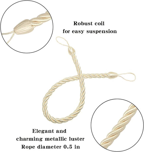 BEL AVENIR Curtain Rope Tiebacks with 4 Metal Screw Hooks, Drapery Holdbacks (Beige, 4 Pack)