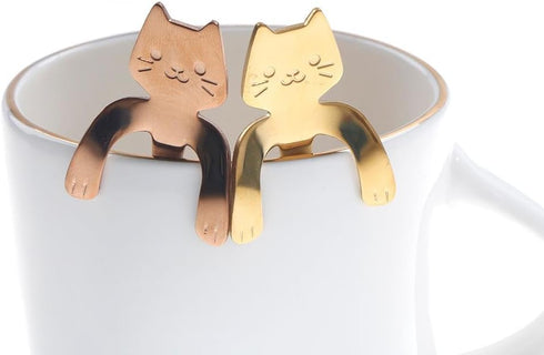 OBANGONG 4 Pcs Mini Cat Hugging Coffee Spoon Set - Tea Soup Sugar Dessert Appetizer Seasoning Bistro Hanging Cup Spoon