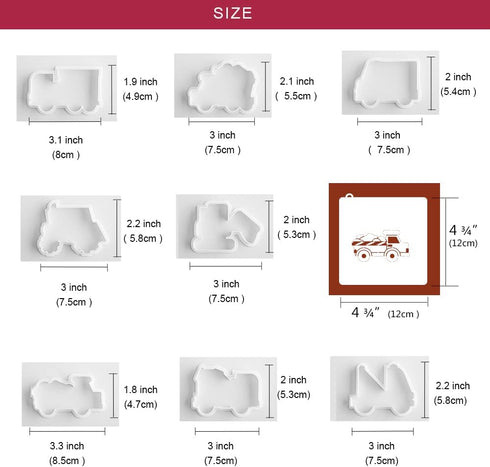 Transportation/Vehicles Cookie Cutters with Matching Stencils - Set of 16, Truck, Tractor, Fire Engine, Excavator