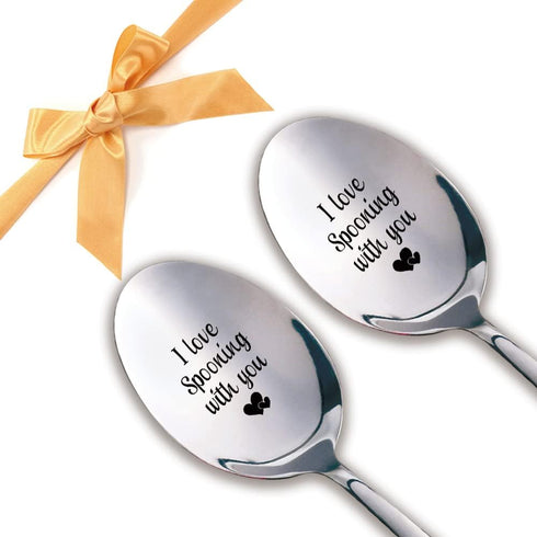 I Love Spooning With You, 2 Pcs Engraved Stainless Spoon Couple Gifts for Wedding Anniversary Valentine