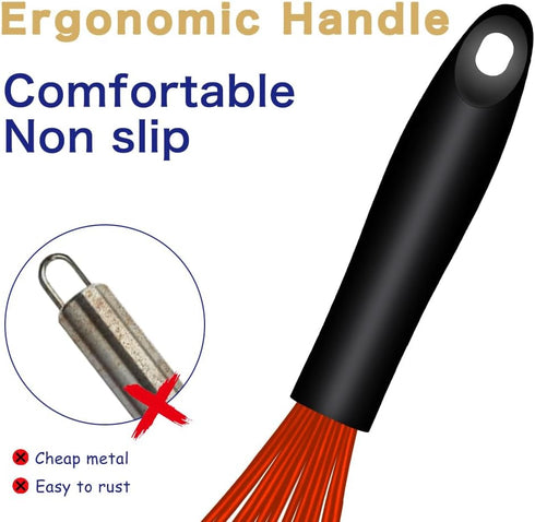 Set of 3 Dishwasher Safe Silicone Whisks - Professional Non-Scratch Kitchen Whisks, Heat Resistant, Red