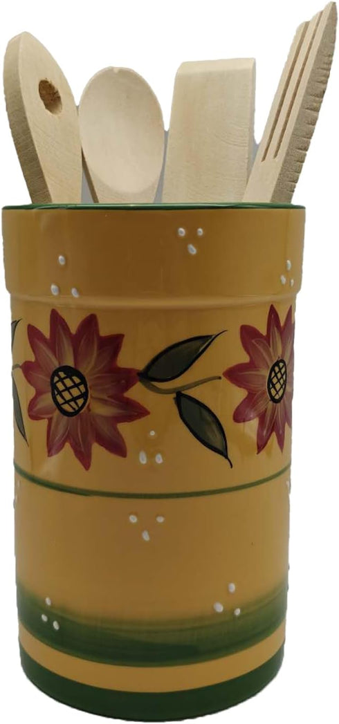 Country Sunflower Hand Painted Ceramic Utensil Jar, Wooden Tool Holder, Modern Kitchen Decor for Spoons and More.