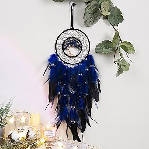 Dreamlike Deep Blue Tree of Life Dream Catcher, Handmade Feather Wall Hanging for Girls Bedroom Decor
