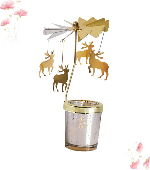 Rotating Candlestick Holder Christmas Carousel Spinning Deer Tea Light Table Decoration Gold