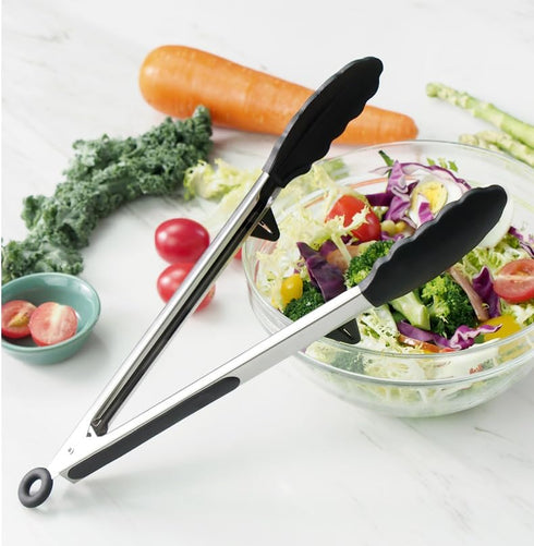 12" Kitchen Tongs with Silicone Tips, Food Grade Cooking Tongs Set of 3, Black Serving Utensils