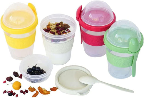 LEVKO (SET 4 Go Cereal Crunch Breakfast Yogurt Cups with Lids and Spoon Reusable Smoothie Oatmeal Container Snack Prep