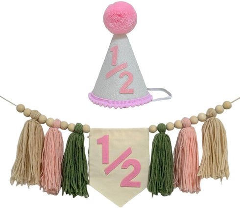 Cuvaho 1/2 6 1/2 1/2) Half Birthday Decorations Girl Pink Sage Green High Chair Banner with Half Birthday Hat for Month