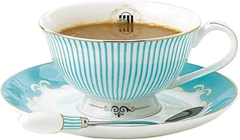 Cup & Saucer Set Bone China Porcelain Tea Coffee Cup for Breakfast Afternoon Tea - Blue Stripe Pattern (1)
