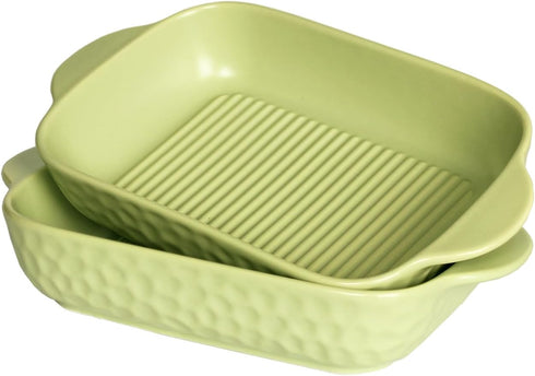 Rectangular Porcelain Baking Dish Set: Au Gratin Dishes, Casserole Dish, Ramekins 21 oz, Set of 2, 9.5" x 5.5" (Green)