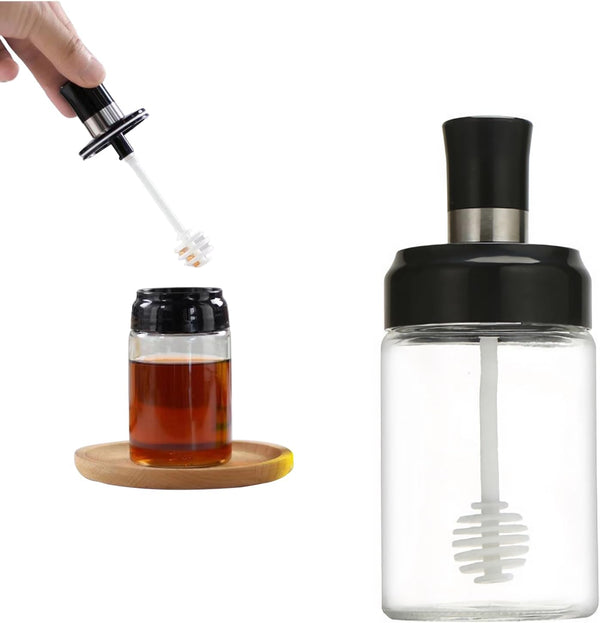 MIUPOO Honey Jar with Spoon Cover,Wave Non slip Design Glass Honey Bottle