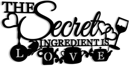 The Secret Ingredient is Love Metal Wall Art Sign - Farmhouse Kitchen Decor, Housewarming Gift (Black - 16 x 8 inch)