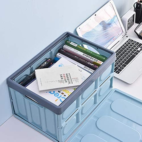 Phyllia Foldable Storage Boxes with Lids, 3 Pack Collapsible Plastic Bins, Stackable Utility Crates (Blue, 30L)