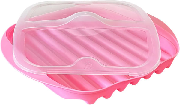 Microwave Bacon Tray with Splatter Lid, Quick and No Mess, Cooker for Crispy Bacon in Minutes, Pink