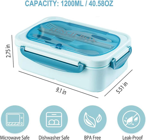 NatraProw Bento Box for Adults, 1200 ML LeakProof Lunch Container with Utensils, BPA Free, Microwave Safe (Blue)