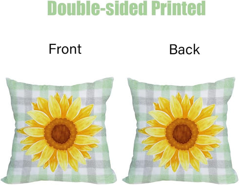 2 Pack Waterproof Sunflower Pillow Covers, 16x16 Inch Green Buffalo Plaid Yellow Floral Throw Cases for Outdoor Decor