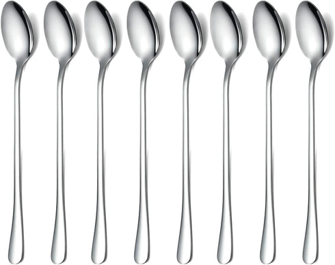 Long Handle Spoon Set of 8, Premium Stainless Steel Coffee Stirrers, Ice Cream, Cocktail, Tea Spoons, Silver