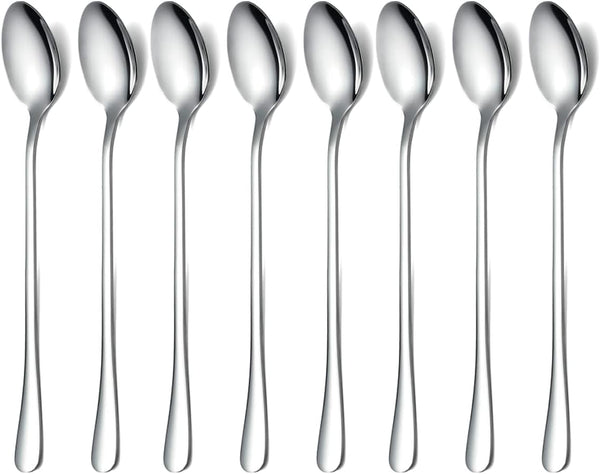Long Handle Spoon Set of 8, Premium Stainless Steel Coffee Stirrers, Ice Cream, Cocktail, Tea Spoons, Silver