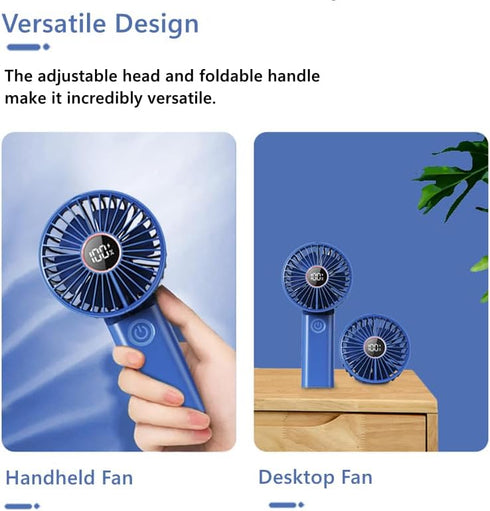 Mini Portable Fan, Powerful Handheld Rechargeable Fan with LED Display, 3 In 1 Personal Fan (Blue)