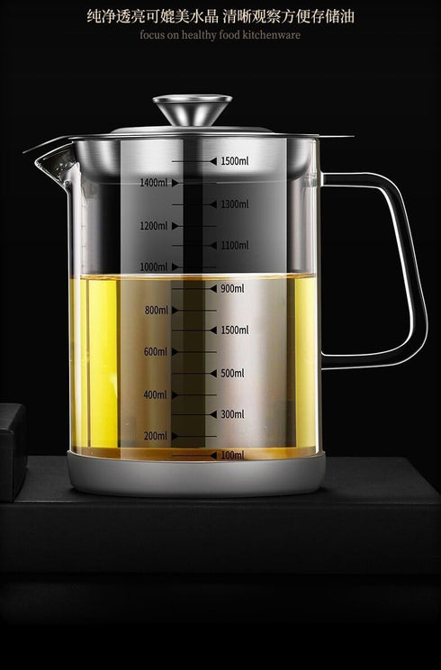 TLIOCAS 53 OZ Large Glass Bacon Grease Container with Strainer - Frying Oil Storage Can with Lid,Bacon Drippings
