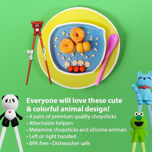 Kids Training Chopsticks for Toddlers and Adults, Removable Finger Helpers with Animal Design (BPA-Free, 4-Pack)