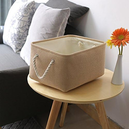 TheWarmHome Decorative Basket Rectangular Fabric Storage Bin with Handles for Clothes (Beige)