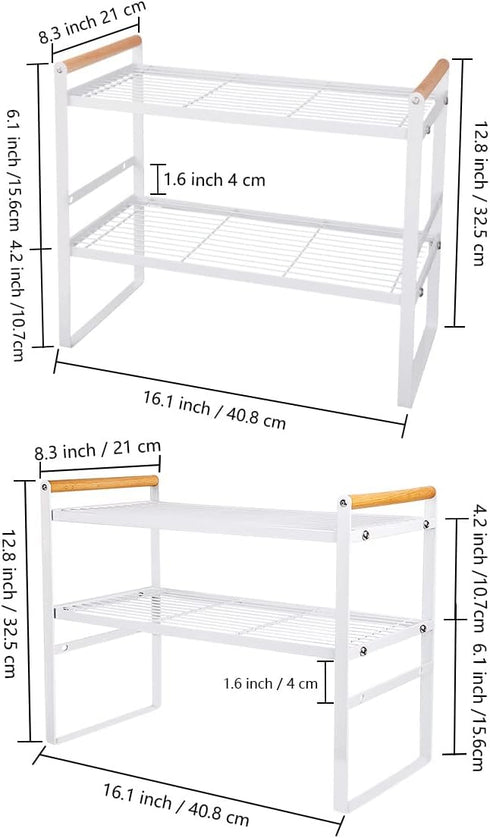 Kitchen Counter Shelf, 2 Tier Space Saving Organizer with Wood Handle, 16.1 x 8.3 x 12.8 Inches (White)
