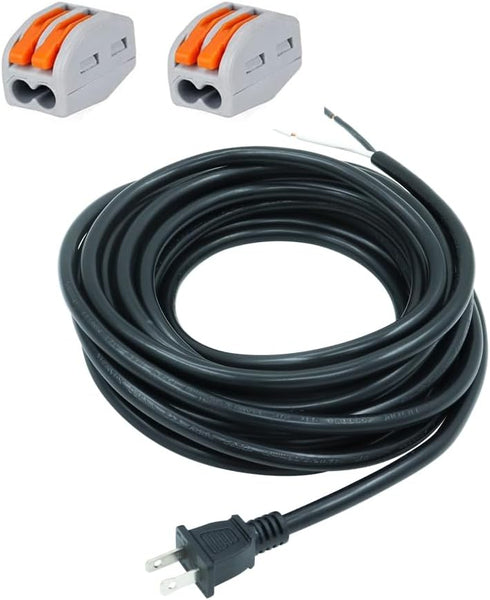 25FT 14 AWG 2 Prong Pigtail Power Cord, 110V Black Cable Open Wire, Heavy Duty 120V 15A Electrical Repair Cord