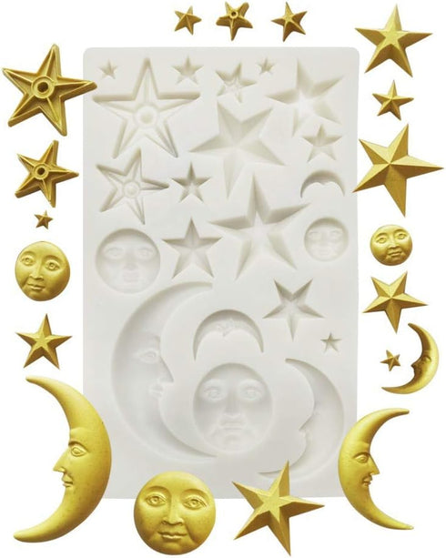Moon Stars Sun Face Silicone Fondant Mold, Chocolate Candy Gumpaste Tool for Cake Decorating, Epoxy Resin DIY