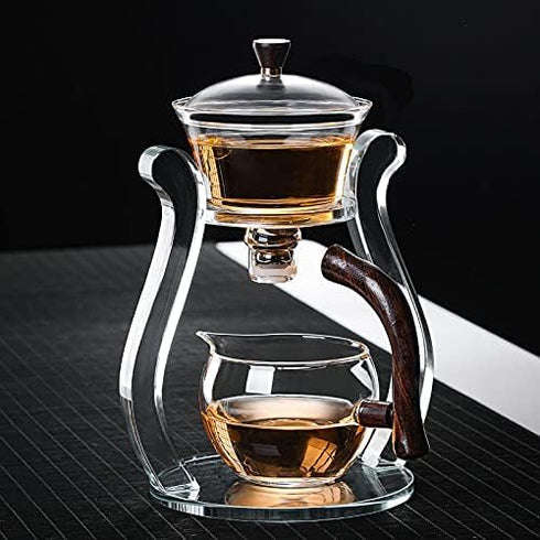 Set Set (6 RORA Lazy Kungfu Glass Tea Semi Automatic Drip Rotating with Infuser Glass Teapot cups)
