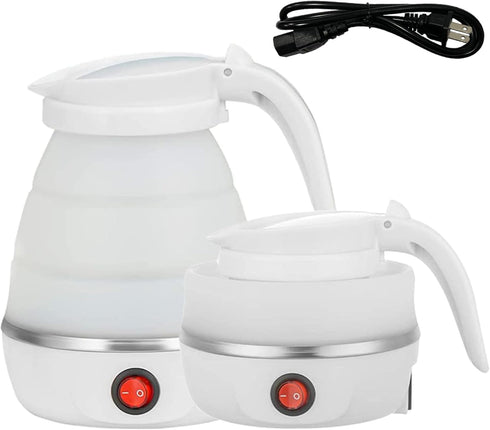 Foldable Electric Travel Kettle - Portable Silicone Collapsible Water Boiler and Tea Pot for Camping, White