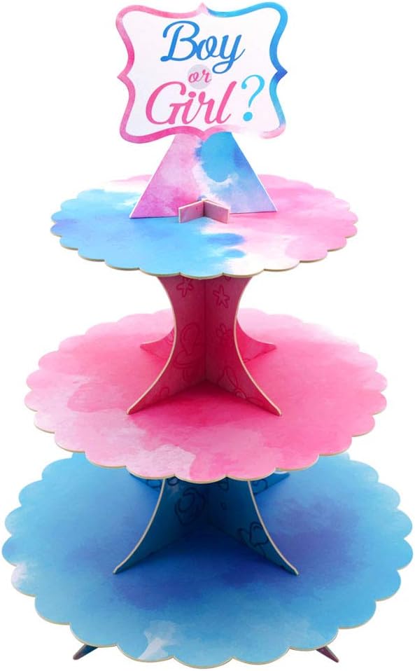 Gender Reveal Cupcake Stand, 3 Tier Cardboard Cake Stand for Blue and Pink Party Decorations