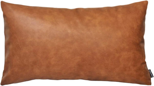 Faux Leather Lumbar Throw Pillow Cover 12x20, Decorative Cognac Brown Accent Cushion for Bedroom Living Room