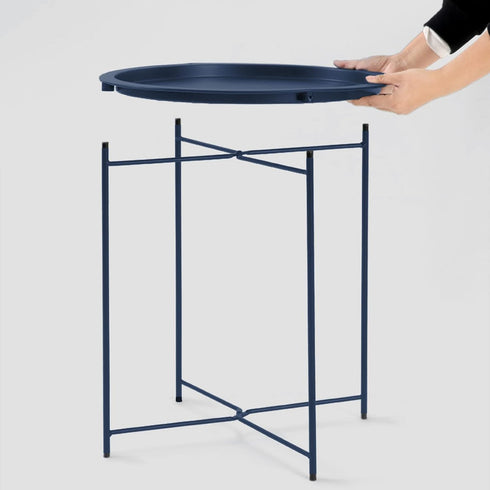 4 Garden you End Table Metal Side Table Blue Round Folding Tray Cyan Sofa Small Accent Fold-able Table, Round End Table
