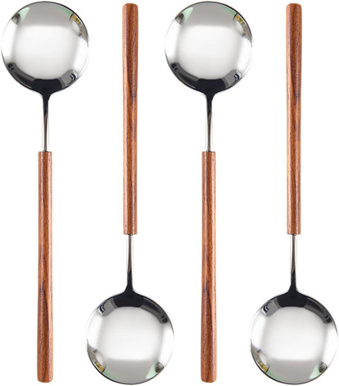 Retro Wooden Handle Spoon Set - 4 Pcs Stainless Steel Serving Tablespoons, Wooden Dinner Spoon, Silver Silverware with