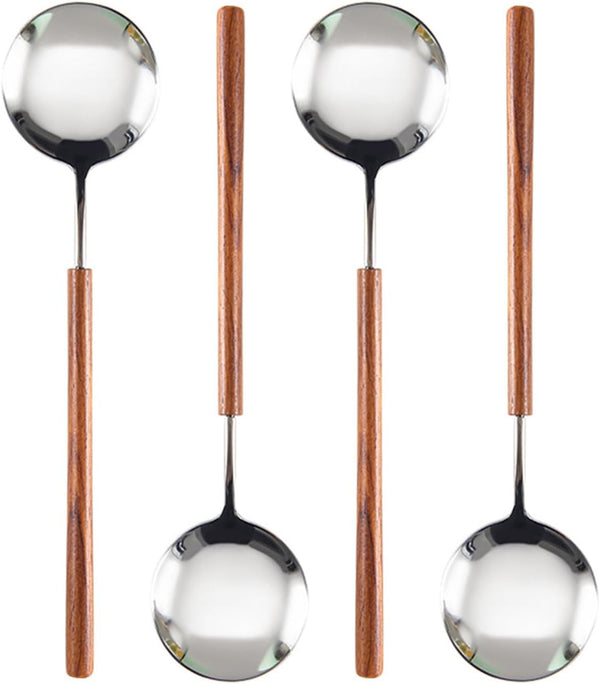 Retro Wooden Handle Spoon Set - 4 Pcs Stainless Steel Serving Tablespoons, Wooden Dinner Spoon, Silver Silverware with