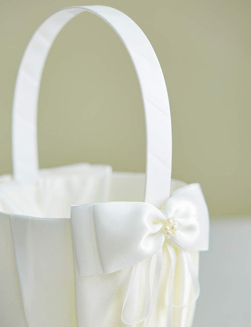 Wedding Flower Girl Basket and Ring Bearer Pillow Set - Simple Bow Pearl Collection, Ivory