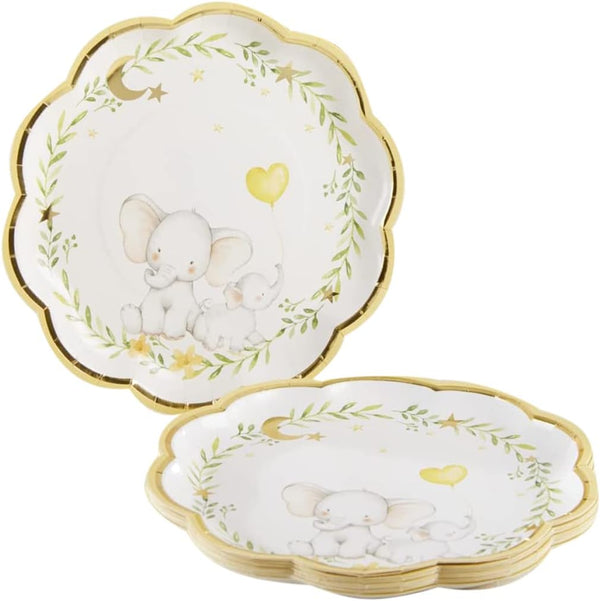 Kate Aspen Elephant Baby Shower 9 in. Premium Decorative Paper Plates, Set of 16 (350 GSM weight) | Party Supplies