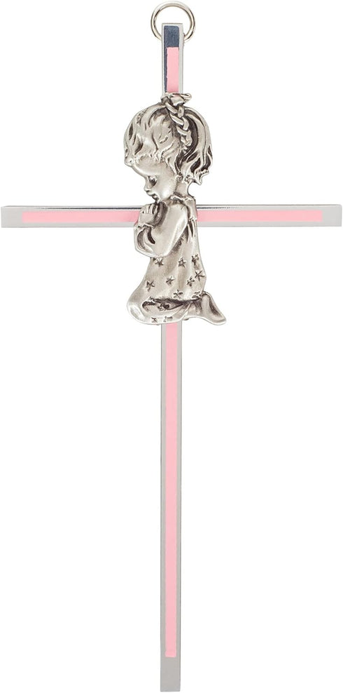 Praying Little Girl Pink Metal Hanging Wall Cross, 6 Inch