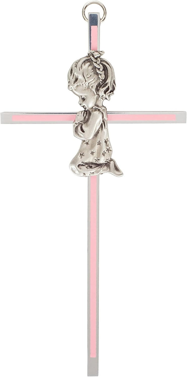 Praying Little Girl Pink Metal Hanging Wall Cross, 6 Inch
