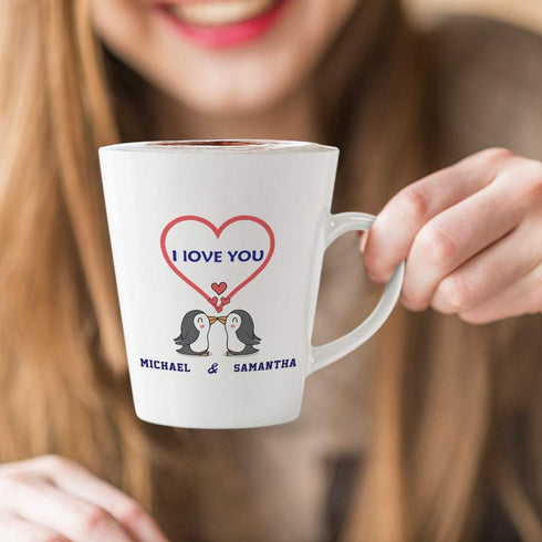 Personalized Custom Text Ceramic Latte Mug - I Love You Two Penguins, 12 Oz