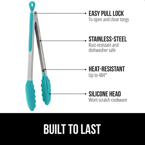 GORILLA GRIP Stainless Steel Kitchen Tongs - Heat Resistant Cooking Tongs Set of 2, 9 + 12 Inch, Turquoise