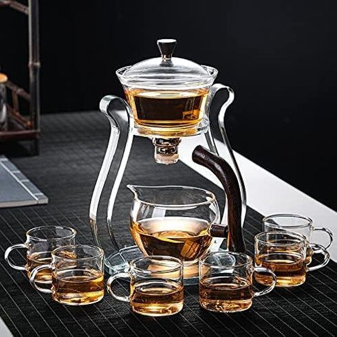 Set Set (6 RORA Lazy Kungfu Glass Tea Semi Automatic Drip Rotating with Infuser Glass Teapot cups)