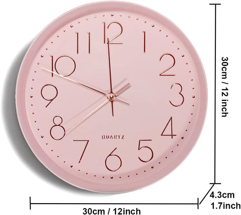 Maxspace Pink Silent Non-Ticking Wall Clock, 12in Battery Operated Analog Decorative Clock