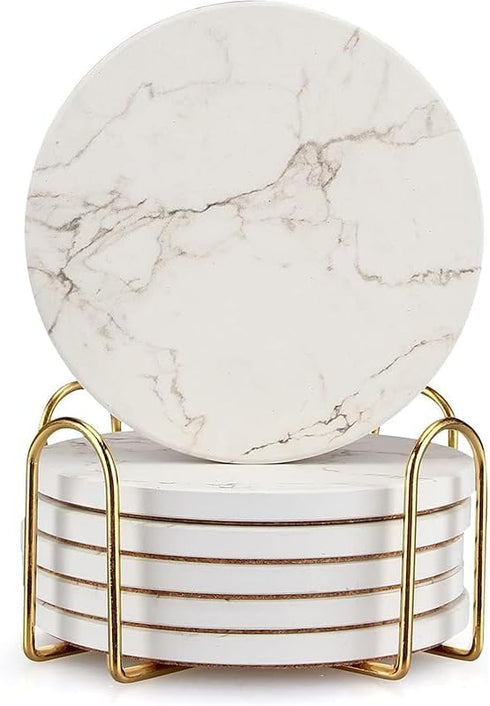 6 Pack Set White Marble Coaster with Holder Absorbent Drink Coasters Ceramic Cute Coaster Bar Dining Coffee Table