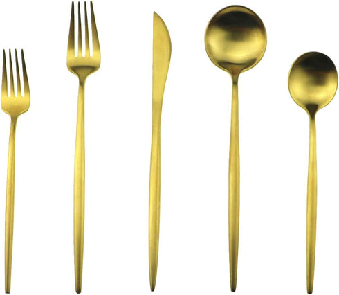 Gugrida Matte Gold 5-Piece Silverware Set, 18/10 Stainless Steel Satin Finish Kitchen Utensil Set, Dishwasher Safe