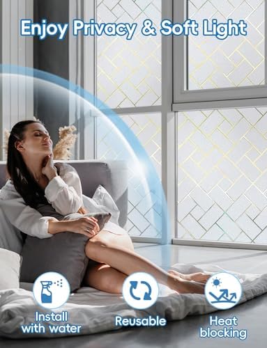 Window Privacy Film, Frosted Glass Window Film for Sun Blocking, Static Clings Removable Bathroom Door Window Covering,