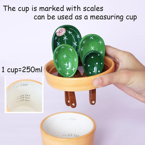 Cactus Measuring Spoons Set in Pot, Cute Ceramic Measuring Cups and Spoons, 1 Tbsp, 1 TSP, 1/2 TSP, 1/4 TSP, 1 Cup,
