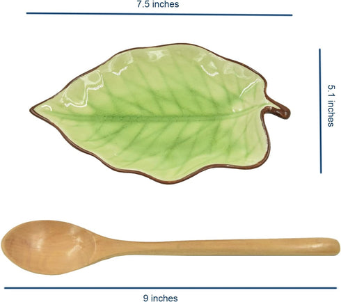 Green Leaf Shape Spoon Rest - Ceramic Spoon Holder for Stove Top, Farmhouse Decor with Wooden Spoon, 5.1 W x 7.5 L